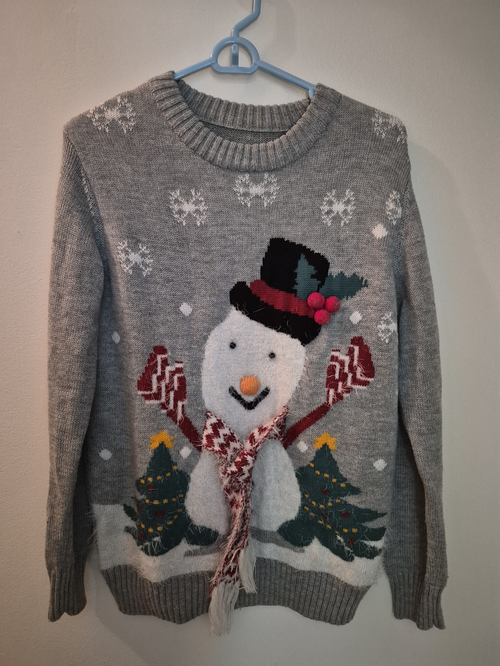 Cozy Gray Snowman Holiday Sweater with Pom-Trim Scarf
